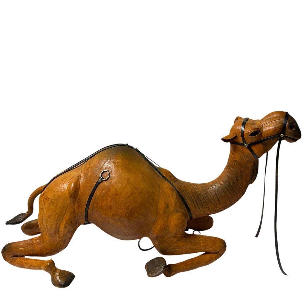 Vintage Leather Wrapped Dromedary Camel W/Saddle and Bridle Laying Glass Eyes